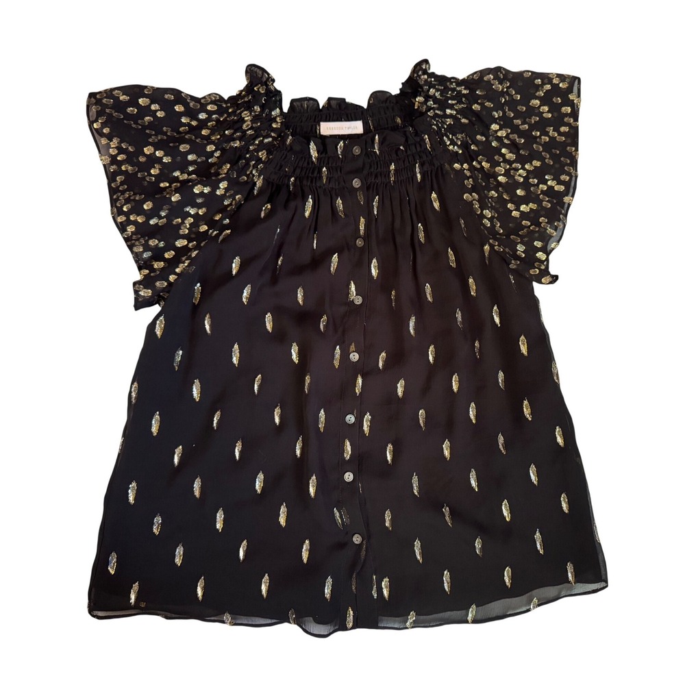 Rebecca Taylor Black Floral Ruffle-Sleeve Blouse